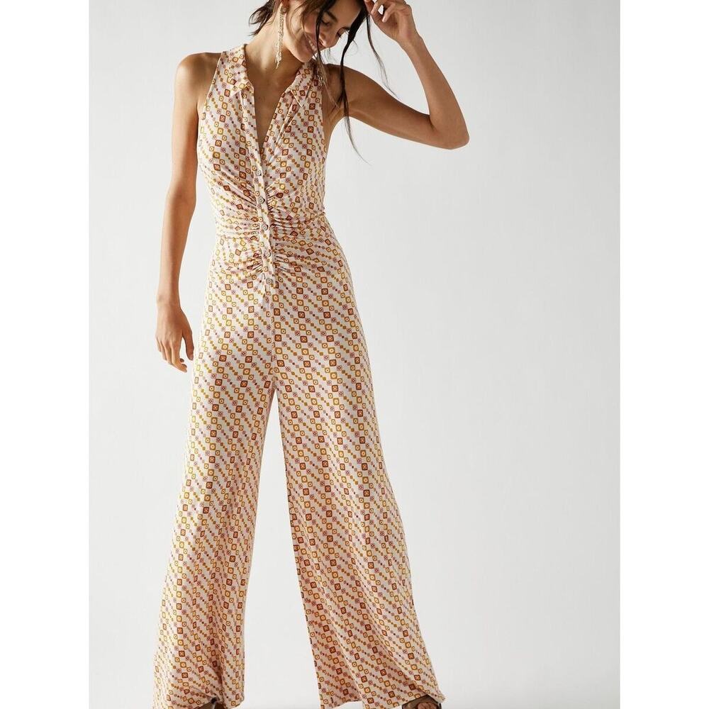 Free People Cream & Yellow Geometric Halter Jumpsuit with Twist Waist